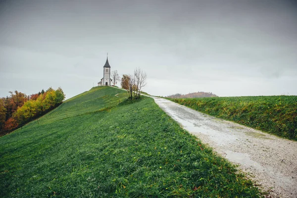 Road, green meadow on the hill and Church of St. Primus and Felician, Jamnik, Eslovénia . — Fotografia de Stock