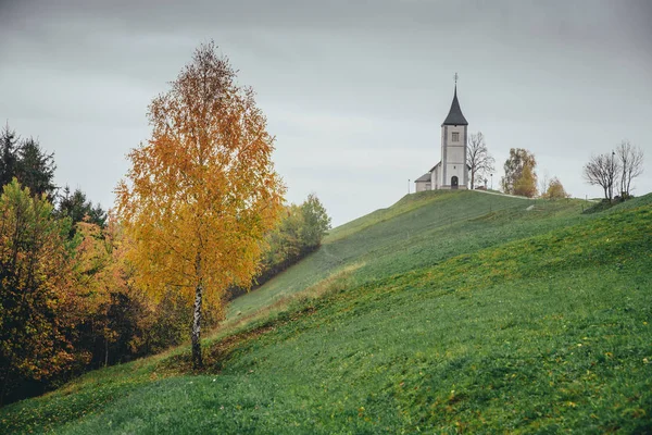 Igreja Jamnik na Eslovênia. Prado verde, outono dia chuvoso — Fotografia de Stock