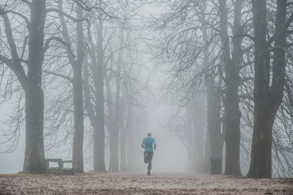 Ранковий біг у туманному зимовому парку. Спортивна активна фотографія — стокове фото