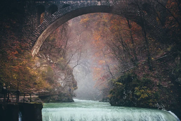 Autumn landscape.The famous Vintgar gorge canyon with wooden pats, beauty of nature, with river Radovna flowing through it, and the old bridge ,near Bled,Triglav,Slovenia,Europe — Stock Photo, Image