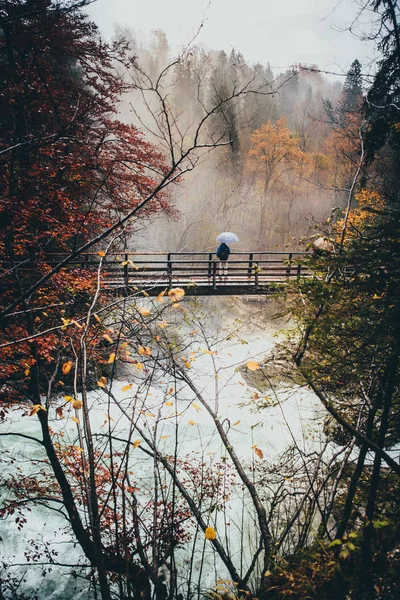 Man with umbrella on wooden bridge over the river in autumn forest. — Stock Photo, Image