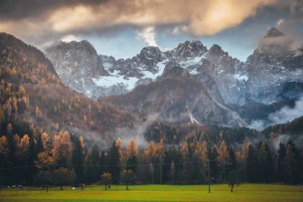 Büyük vahşi Rocky dağlarının altında sonbahar manzarası. Julian Alps, Slovenya — Stok fotoğraf