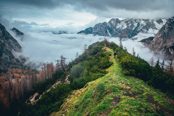 Zielona ścieżka w górach. Mgła i skaliste wzgórza w tle — Zdjęcie stockowe