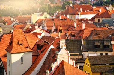 Krumlov 'daki çatılar, Çek Cumhuriyeti, Avrupa. Güzel eski tarihi yer