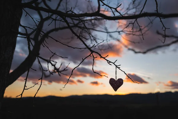 Silhueta coração escuro, céu pôr do sol no fundo, papel de parede original valentine . — Fotografia de Stock