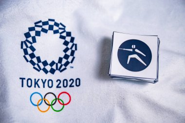 TOKYO, JAPAN, JANUARY. 20. 2020: Fencing Icon for summer olympic Game Tokyo 2020, White background. Official logo and pictograms