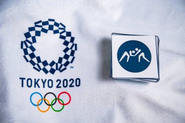 TOKYO, JAPAN, JANUARY. 20. 2020: Wrestling Icon for summer olympic Game Tokyo 2020, White background. Official logo and pictograms