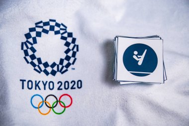TOKYO, JAPAN, JANUARY. 20. 2020: Trampoline Gymnastics Icon for summer olympic Game Tokyo 2020, White background. Official logo and pictograms