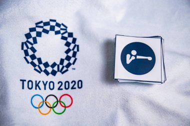 TOKYO, JAPAN, JANUARY. 20. 2020: Boxing Icon for summer olympic Game Tokyo 2020, White background. Official logo and pictograms
