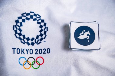 TOKYO, JAPAN, JANUARY. 20. 2020: Equestrian Jumping Icon for summer olympic Game Tokyo 2020, White background. Official logo and pictograms