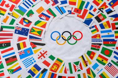 Paris, Fransa, 25 Şubat. 2020: Olimpiyat Ruhu. Olimpiyat Hareketi uluslararası ve tüm dünya ülkelerini karşılıyor