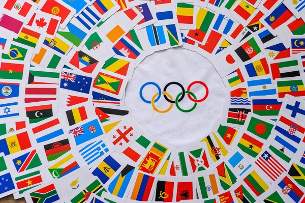 Paris France February 2020 Olympic Spirit Wallpaper Flags All Nations — Stock Photo, Image