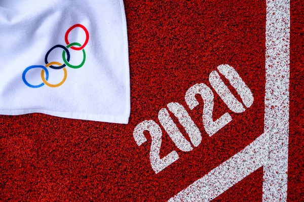 Toquio Japão Março 2020 Anéis Olímpicos Título 2020 Pista Atletismo — Fotografia de Stock