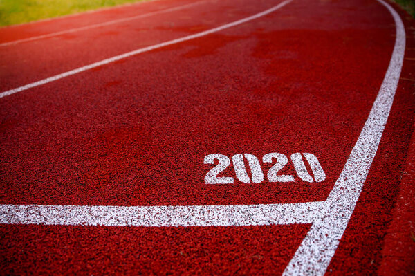2020 sport background, Tittle 2020 at red athletics track, original wallpaper. Original photo for summer olympic in Tokyo 2020