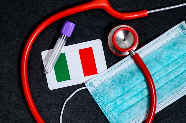 Coronavirus in Italy, Europe, surgical mask with coronavirus, Respiratory, test tube and Italian flag
