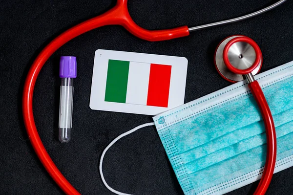 Coronavirus in Italy, Europe, surgical mask with coronavirus, Respiratory, test tube and Italian flag