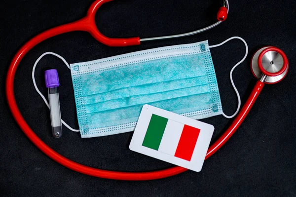 Coronavirus in Italy, Europe, surgical mask with coronavirus, Respiratory, test tube and Italian flag