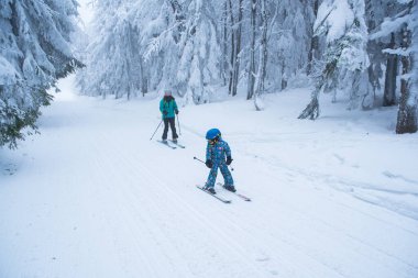 Beyaz kış doğasında çocuk ve anne birlikte kayak yapıyor.