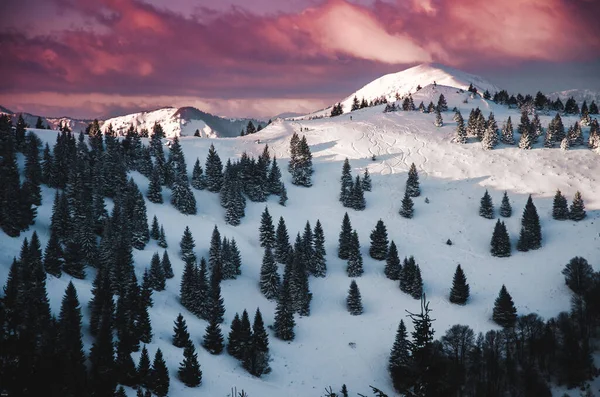 Pôr Sol Colorido Nas Montanhas Tempo Inverno Branco Esquiar Nas — Fotografia de Stock