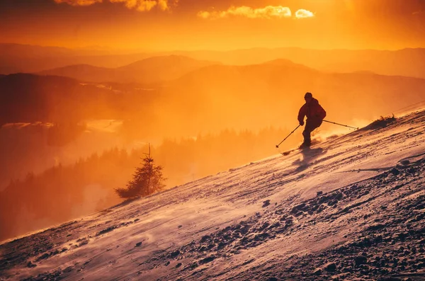 Silhouette Skier Hill Sport Active Life — Stock Photo, Image