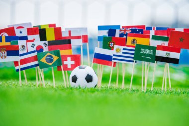 Tüm futbol ülkelerinin bayrakları yeşil çimlerde, futbol stadyumda.