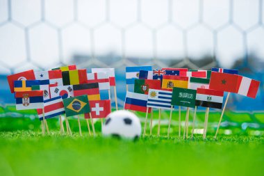 Tüm futbol ülkelerinin bayrakları yeşil çimlerde, futbol stadyumda.