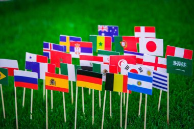 Tüm futbol ülkelerinin bayrakları yeşil çimlerde, futbol stadyumda.