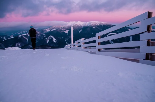 Fioletowy Zachód Słońca Górach Zimowych Boże Narodzenie Edytuj Przestrzeń — Zdjęcie stockowe