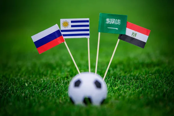 ロシア サウジアラビア エジプト ウルグアイの国旗 サッカースタジアムの緑の芝生の上の旗 — ストック写真