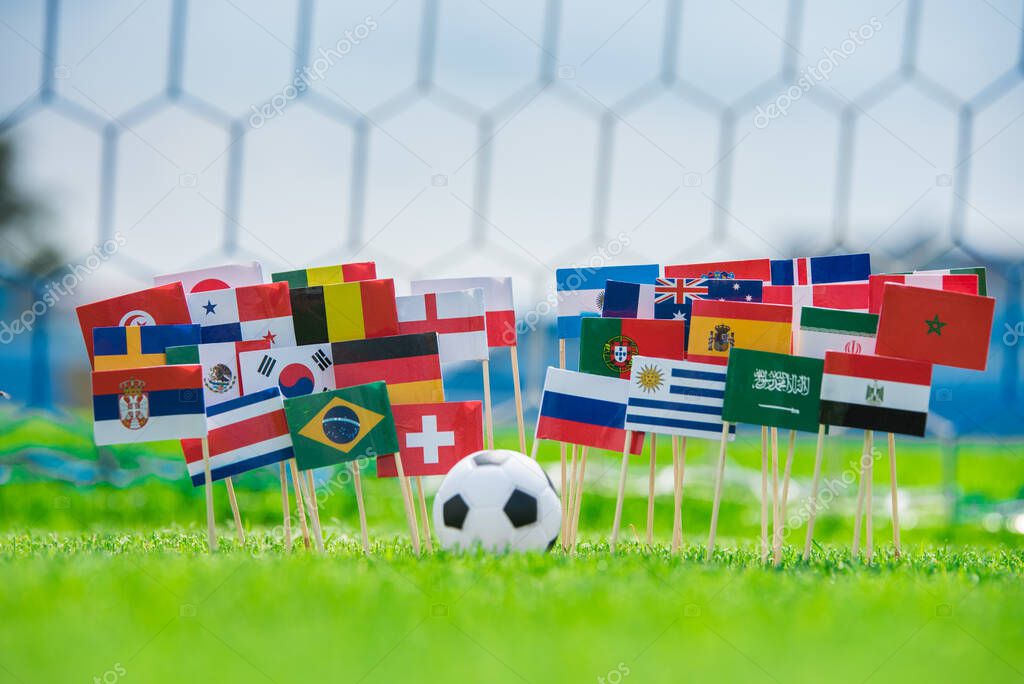 Flags on football pitch, tournament photo. Fans, support concept photo