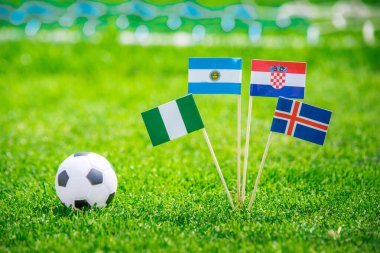 Ulusal Arjantin, İzlanda, Hırvatistan, Nijerya Bayrakları. Futbol stadyumunda yeşil çimlerin üzerinde bayraklar