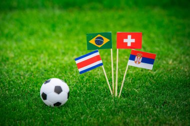 Brezilya Ulusal Bayrakları, İsviçre, Kosta Rika, Sırbistan. Futbol stadyumunda yeşil çimlerin üzerinde bayraklar