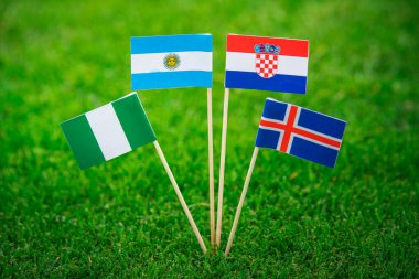 Ulusal Arjantin, İzlanda, Hırvatistan, Nijerya, futbol stadyumunda yeşil çimlerin üzerinde bayraklar