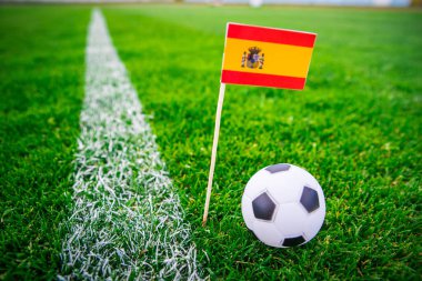 İspanya ulusal bayrağı ve futbol topu yeşil çimlerin üzerinde. Hayranlar, fotoğrafı destekleyin, alanı düzenleyin