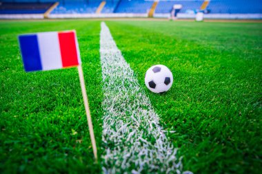 Fransa bayrağı ve futbol topu yeşil çimlerin üzerinde. Hayranlar, fotoğrafı destekleyin, alanı düzenleyin