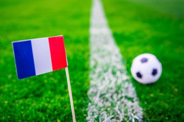 Fransa bayrağı ve futbol topu yeşil çimlerin üzerinde. Hayranlar, fotoğrafı destekleyin, alanı düzenleyin