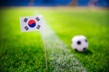 Güney Kore, Kore Cumhuriyeti Ulusal Bayrağı ve yeşil çimlerin üzerinde futbol topu. Hayranlar, fotoğrafı destekleyin, alanı düzenleyin