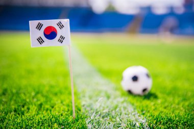 Güney Kore, Kore Cumhuriyeti Ulusal Bayrağı ve yeşil çimlerin üzerinde futbol topu. Hayranlar, fotoğrafı destekleyin, alanı düzenleyin