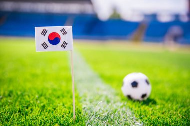 Güney Kore, Kore Cumhuriyeti Ulusal Bayrağı ve yeşil çimlerin üzerinde futbol topu. Hayranlar, fotoğrafı destekleyin, alanı düzenleyin