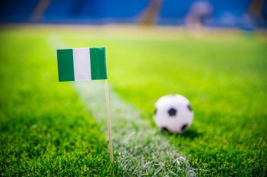 Nijerya ulusal bayrağı ve yeşil çimlerin üzerinde futbol topu. Hayranlar, fotoğrafı destekleyin, alanı düzenleyin