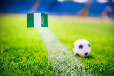 Nijerya ulusal bayrağı ve yeşil çimlerin üzerinde futbol topu. Hayranlar, fotoğrafı destekleyin, alanı düzenleyin