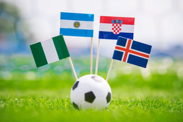 Bandeiras Nacionais Argentina Islândia Croácia Nigéria Bandeiras Grama Verde Estádio — Fotografia de Stock