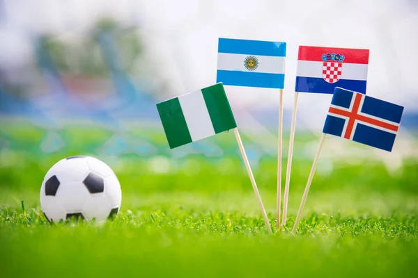 アルゼンチン アイスランド クロアチア ナイジェリアの国旗 サッカースタジアムの緑の芝生の上の旗 — ストック写真