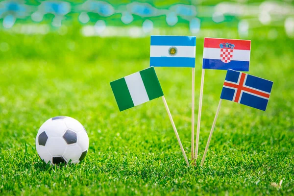 Bandeiras Nacionais Argentina Islândia Croácia Nigéria Bandeiras Grama Verde Estádio — Fotografia de Stock