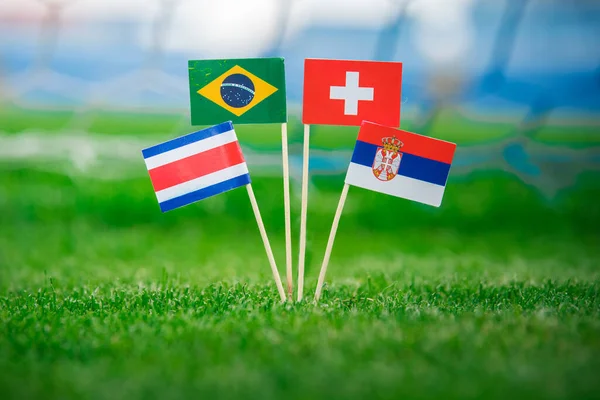 National Flags Brazil Switzerland Costa Rica Serbia Flags Green Grass — Stock Photo, Image