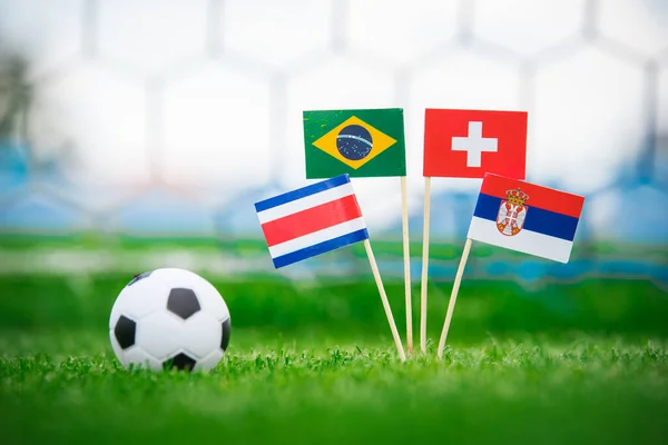 Flagi Narodowe Brazylii Szwajcarii Kostaryki Serbii Flagi Zielonej Trawie Stadionie — Zdjęcie stockowe
