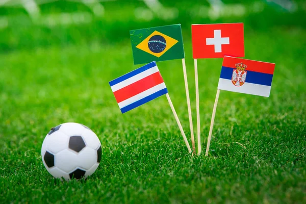 Flagi Narodowe Brazylii Szwajcarii Kostaryki Serbii Flagi Zielonej Trawie Stadionie — Zdjęcie stockowe