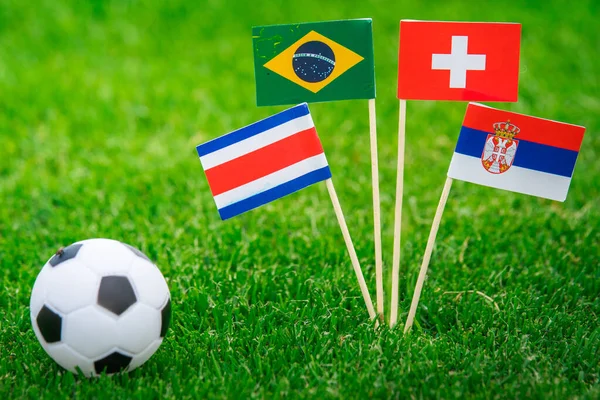 Национальные Флаги Бразилии Швейцарии Коста Рики Сербии Флаги Траве Футбольном — стоковое фото