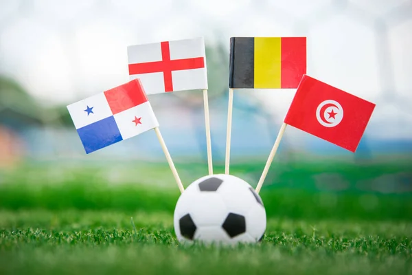 Belgia Tunezja Anglia Flagi Narodowe Zielonej Trawie Piłkarskiej Koncepcja Zdjęcia — Zdjęcie stockowe