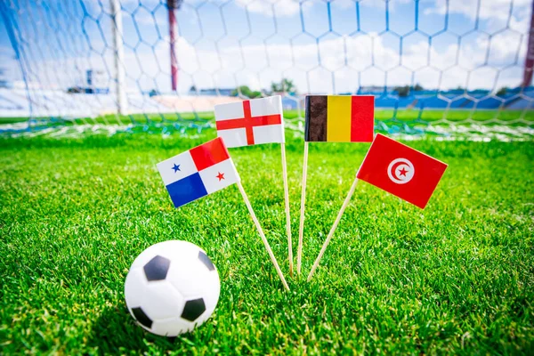 Belgium Tunisia England National Flags Green Grass Football Stadium — Stock Photo, Image